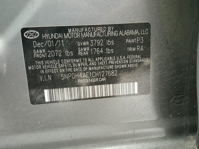 5NPDH4AE1CH127682 - 2012 HYUNDAI ELANTRA GL CHARCOAL photo 10