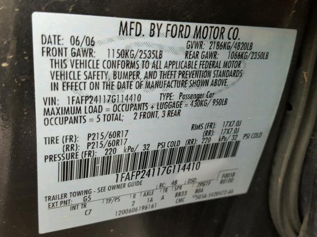 1FAFP24117G114410 - 2007 FORD FIVE HUNDR GRAY photo 10