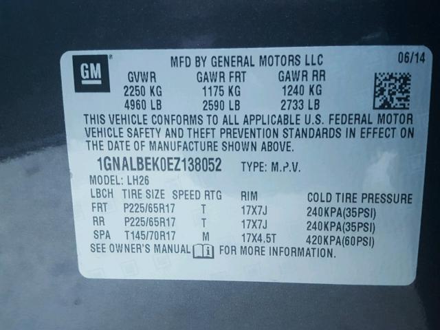 1GNALBEK0EZ138052 - 2014 CHEVROLET EQUINOX LT GRAY photo 10