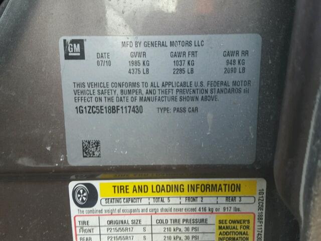 1G1ZC5E18BF117430 - 2011 CHEVROLET MALIBU 1LT 棕色 照片 10