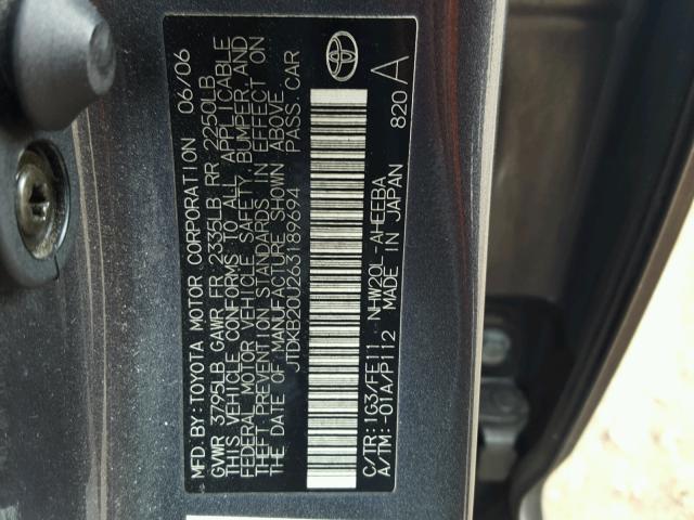 JTDKB20U263189694 - 2006 TOYOTA PRIUS CHARCOAL photo 10