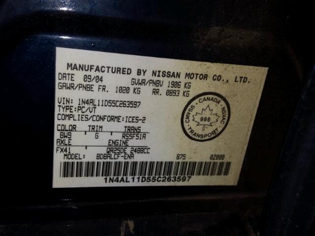 1N4AL11D55C263597 - 2005 NISSAN ALTIMA S BLUE photo 10