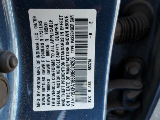 19XFA16599E024205 - 2009 HONDA CIVIC LX BLUE photo 10