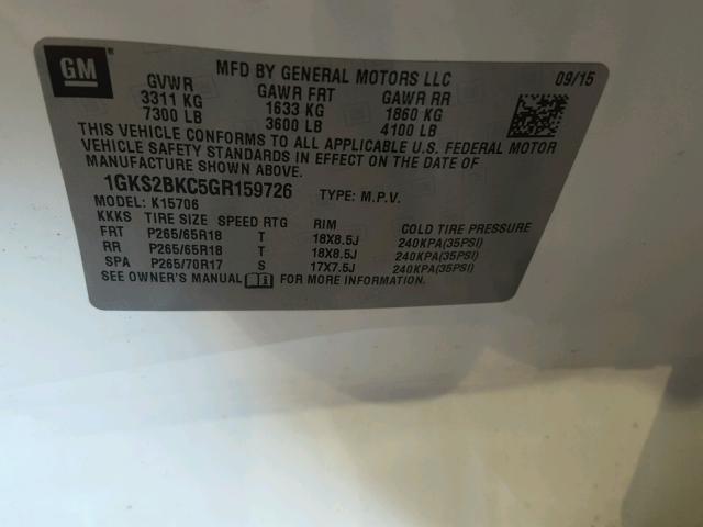 1GKS2BKC5GR159726 - 2016 GMC YUKON SLT WHITE photo 10