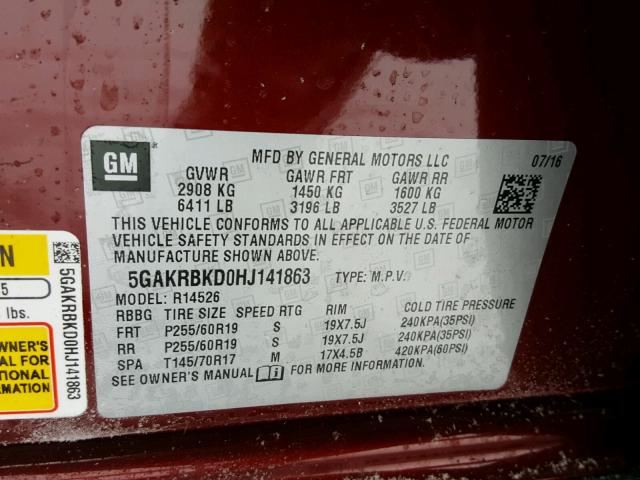 5GAKRBKD0HJ141863 - 2017 BUICK ENCLAVE MAROON photo 10