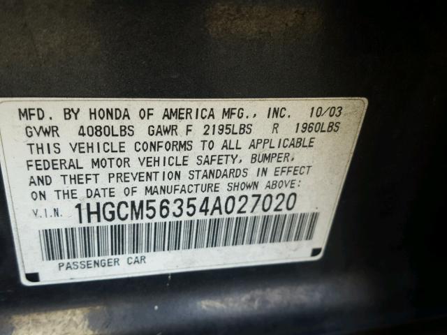 1HGCM56354A027020 - 2004 HONDA ACCORD LX GRAY photo 10