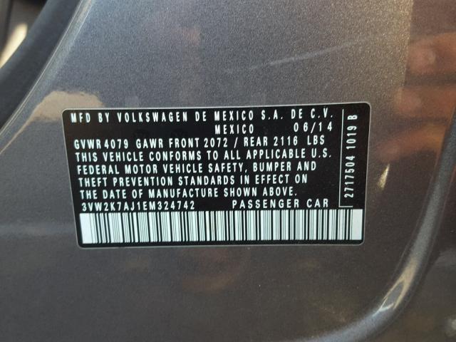 3VW2K7AJ1EM324742 - 2014 VOLKSWAGEN JETTA BASE ნაცრისფერი ფოტო 10