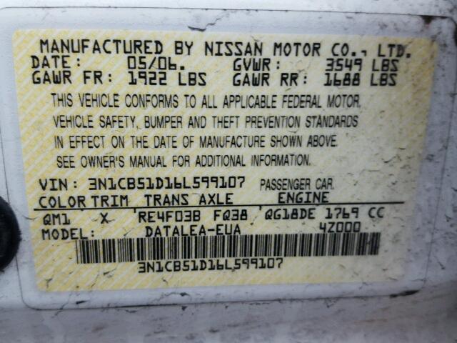 3N1CB51D16L599107 - 2006 NISSAN SENTRA 1.8 WHITE photo 10