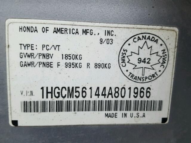 1HGCM56144A801966 - 2004 HONDA ACCORD DX SILVER photo 10