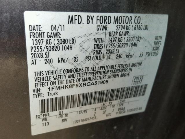 1FMHK8F8XBGA51908 - 2011 FORD EXPLORER L GRAY photo 10