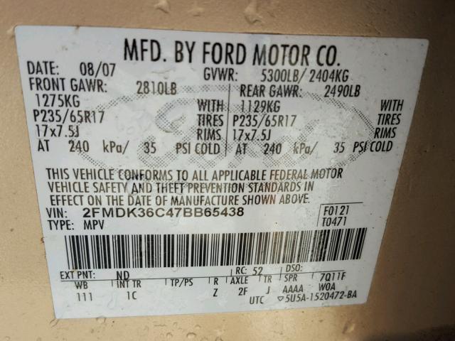 2FMDK36C47BB65438 - 2007 FORD EDGE SE GOLD photo 10