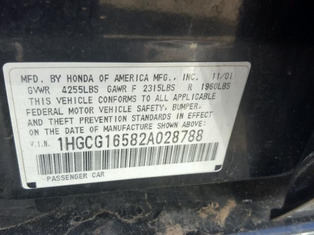 1HGCG16582A028788 - 2002 HONDA ACCORD EX BLACK photo 10