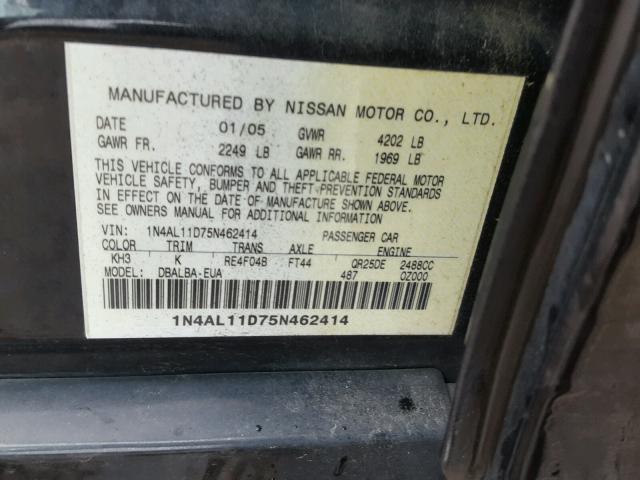 1N4AL11D75N462414 - 2005 NISSAN ALTIMA S BLACK photo 10