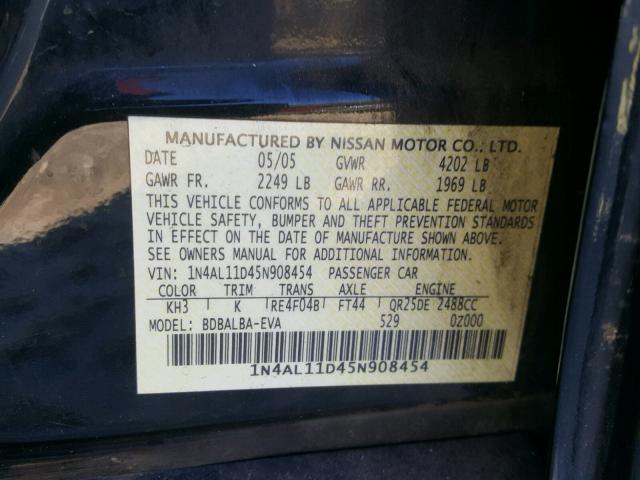 1N4AL11D45N908454 - 2005 NISSAN ALTIMA S BLACK photo 10