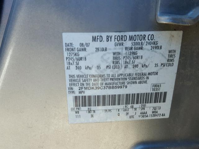 2FMDK39C37BB59979 - 2007 FORD EDGE SEL P SILVER photo 10