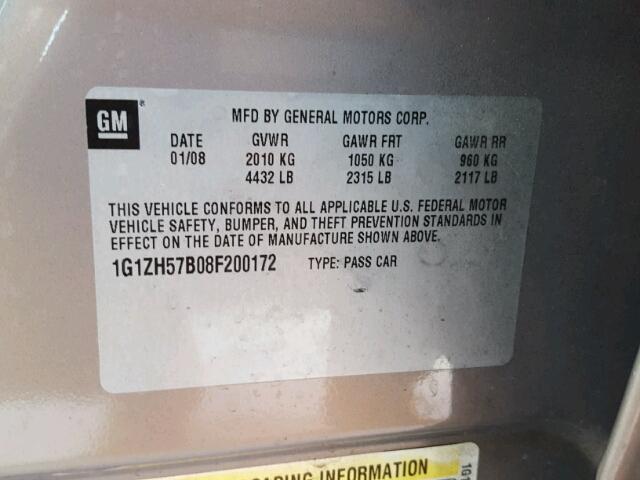 1G1ZH57B08F200172 - 2008 CHEVROLET MALIBU 1LT 棕色 照片 10