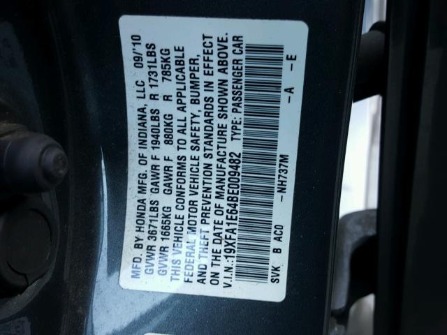 19XFA1E64BE009482 - 2011 HONDA CIVIC LX-S GRAY photo 10