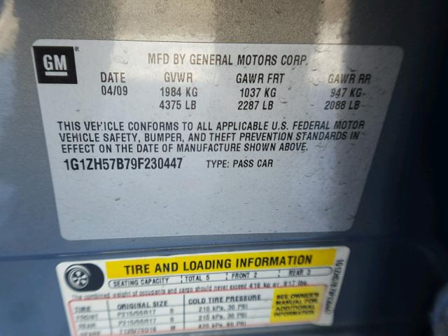 1G1ZH57B79F230447 - 2009 CHEVROLET MALIBU 1LT ნაცრისფერი ფოტო 10