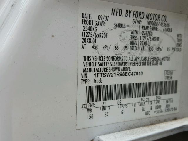 1FTSW21R98EC47810 - 2008 FORD F250 SUPER WHITE photo 10