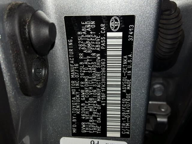 4T1BF1FK3HU296363 - 2017 TOYOTA CAMRY LE SILVER photo 10