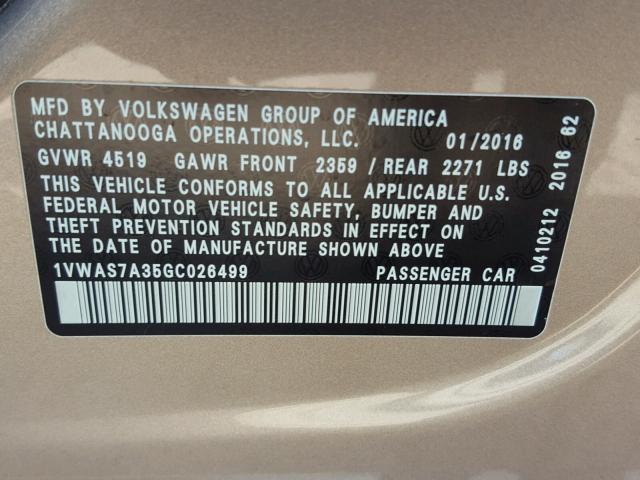 1VWAS7A35GC026499 - 2016 VOLKSWAGEN PASSAT S TAN photo 10