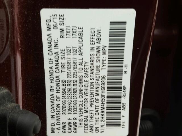 2HKRM4H50FH669206 - 2015 HONDA CR-V EX BURGUNDY photo 10