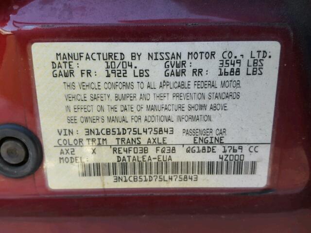 3N1CB51D75L475843 - 2005 NISSAN SENTRA 1.8 MAROON photo 10