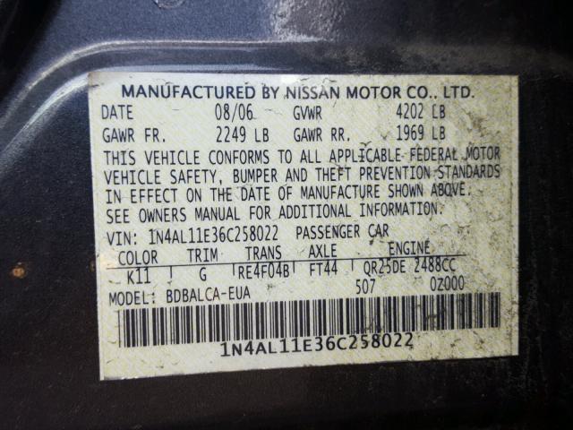 1N4AL11E36C258022 - 2006 NISSAN ALTIMA S BLACK photo 10