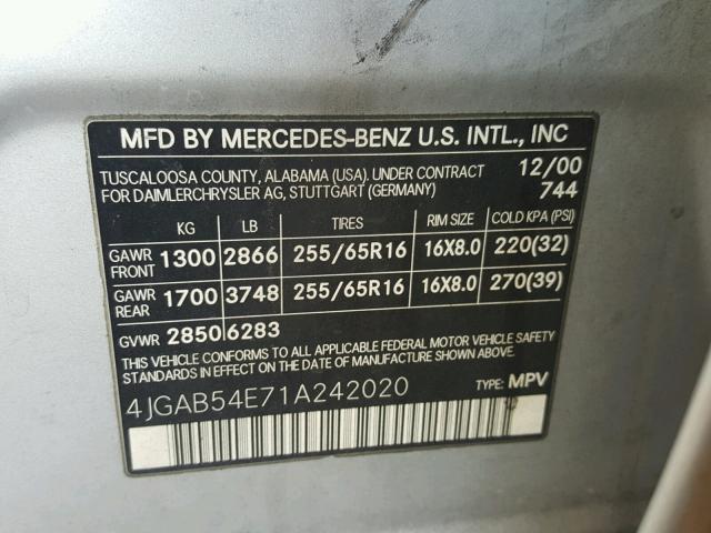 4JGAB54E71A242020 - 2001 MERCEDES-BENZ ML 320 SILVER photo 10