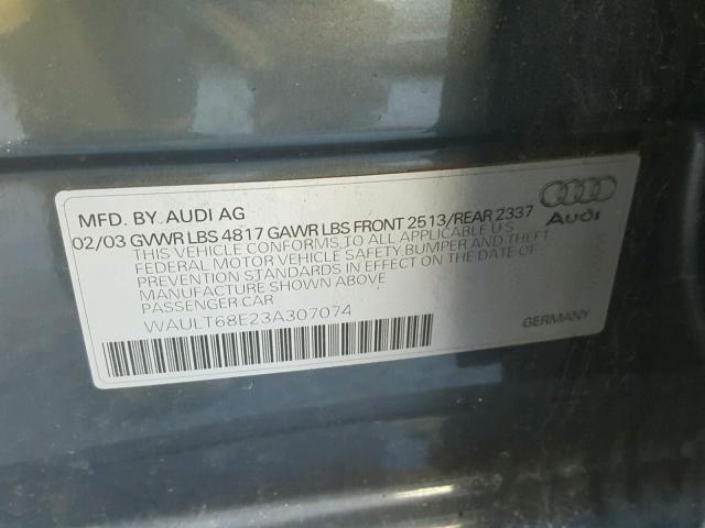 WAULT68E23A307074 - 2003 AUDI A4 3.0 QUA GRAY photo 10