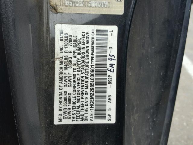 1HGEM22985L030601 - 2005 HONDA CIVIC EX BLACK photo 10