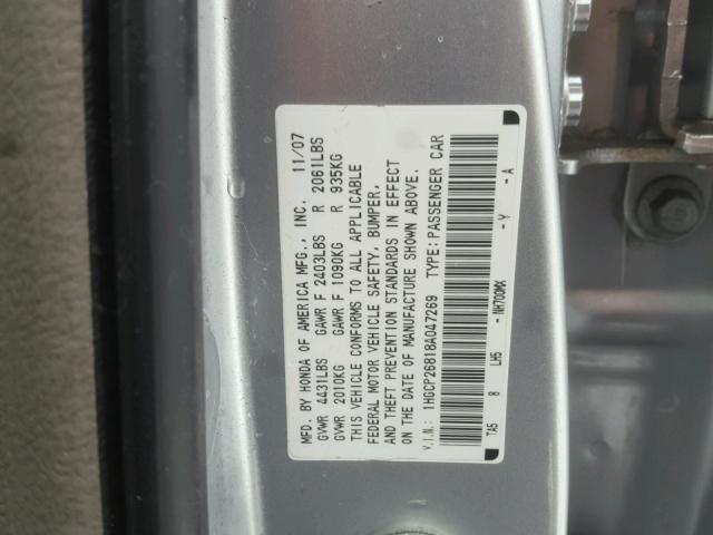 1HGCP26818A047269 - 2008 HONDA ACCORD EXL SILVER photo 10