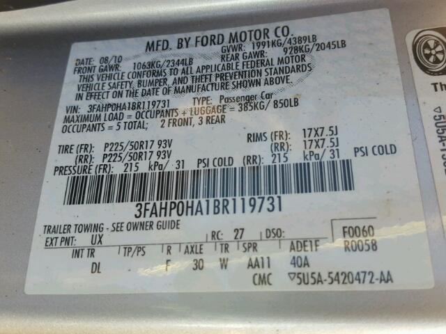 3FAHP0HA1BR119731 - 2011 FORD FUSION SE SILVER photo 10