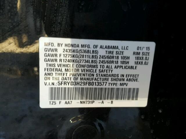 5FRYD3H29FB013577 - 2015 ACURA MDX BLACK photo 10