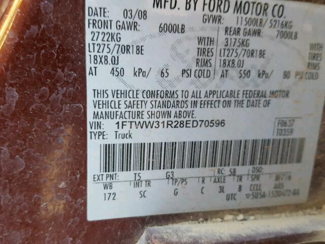 1FTWW31R28ED70596 - 2008 FORD F350 SRW S ORANGE photo 10