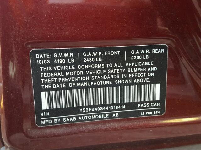 YS3FB49S441018414 - 2004 SAAB 9-3 LINEAR BURGUNDY photo 10