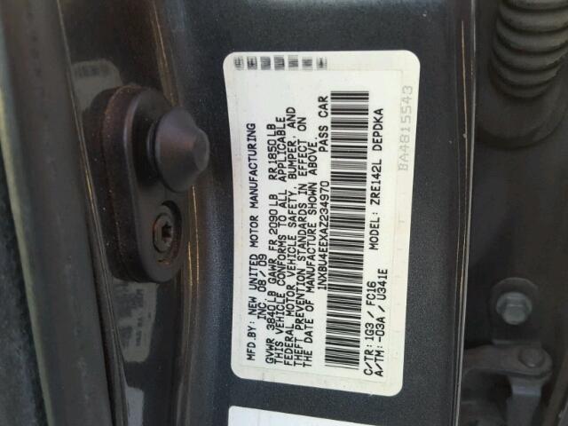 1NXBU4EEXAZ234970 - 2010 TOYOTA COROLLA BA GRAY photo 10