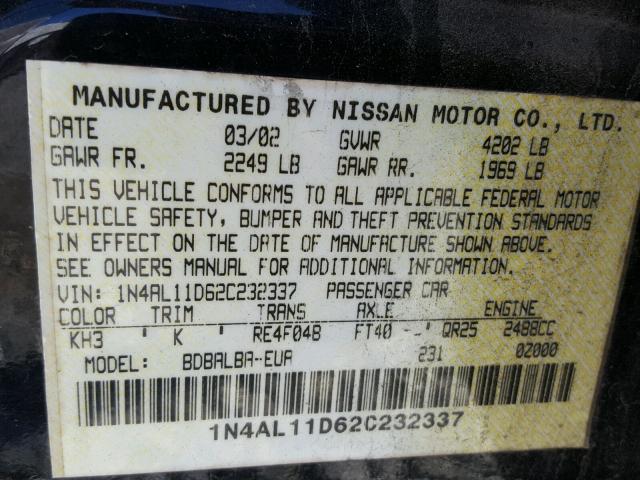 1N4AL11D62C232337 - 2002 NISSAN ALTIMA BAS BLACK photo 10