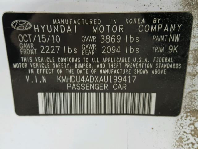 KMHDU4ADXAU199417 - 2010 HYUNDAI ELANTRA BL WHITE photo 10