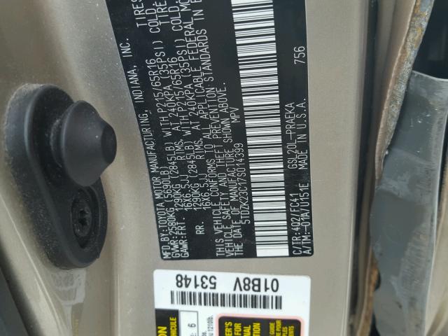 5TDZK23C17S014399 - 2007 TOYOTA SIENNA CE TAN photo 10