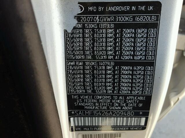 SALMF15426A209480 - 2006 LAND ROVER RANGE ROVE SILVER photo 10