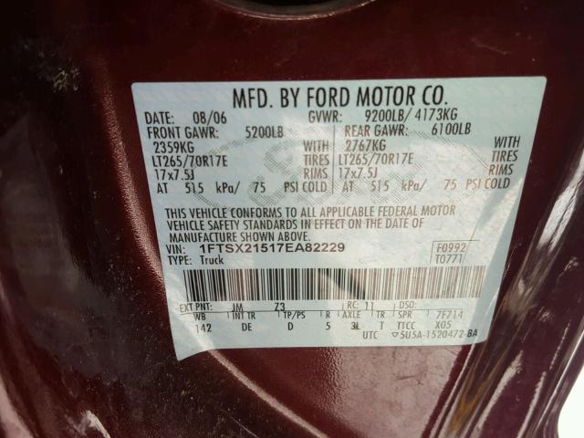 1FTSX21517EA82229 - 2007 FORD F250 SUPER MAROON photo 10