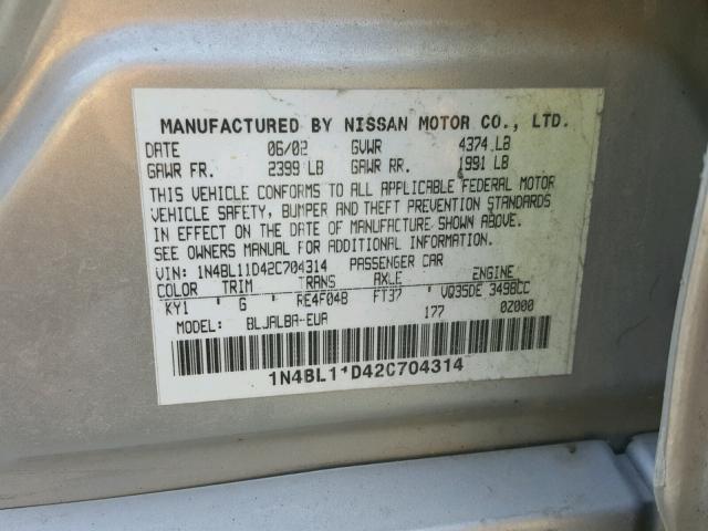 1N4BL11D42C704314 - 2002 NISSAN ALTIMA SE SILVER photo 10