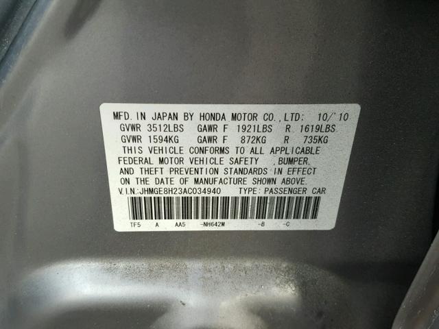 JHMGE8H23AC034940 - 2010 HONDA FIT SILVER photo 10