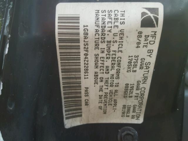 1G8AJ52F04Z228611 - 2004 SATURN ION LEVEL BLACK photo 10