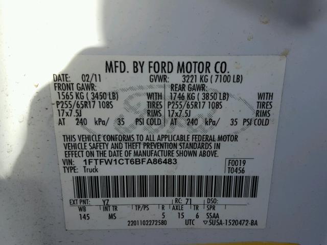 1FTFW1CT6BFA86483 - 2011 FORD F150 SUPER WHITE photo 10