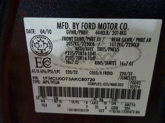 1FMCU0D73AKC80720 - 2010 FORD ESCAPE XLT BLUE photo 10