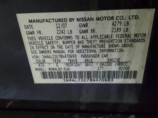 1N4AL21E78N470693 - 2008 NISSAN ALTIMA 2.5 GRAY photo 10