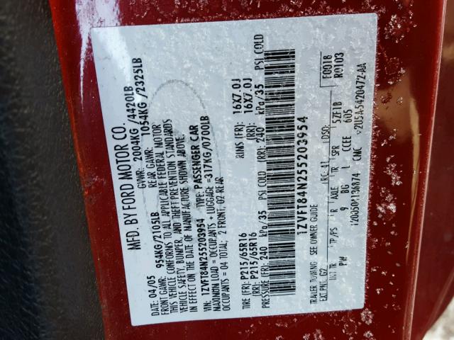 1ZVFT84N255203954 - 2005 FORD MUSTANG RED photo 10