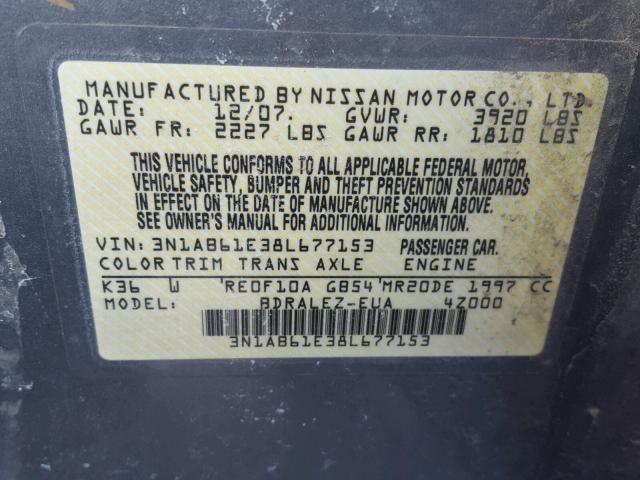 3N1AB61E38L677153 - 2008 NISSAN SENTRA 2.0 SILVER photo 10